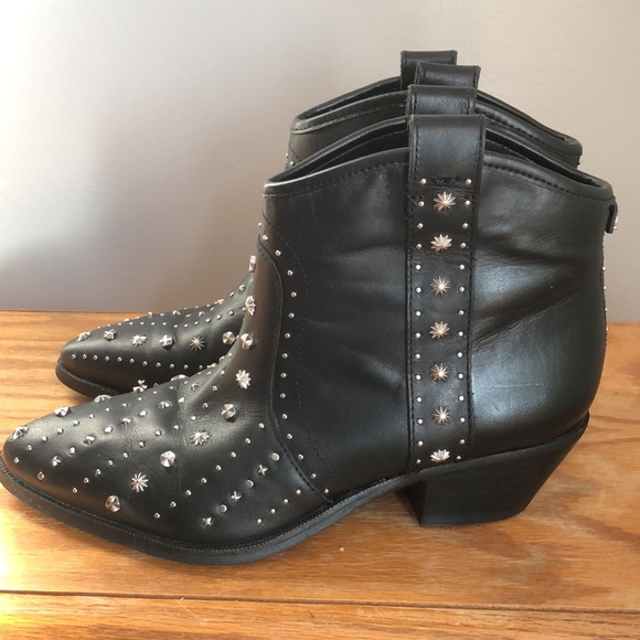 Sam Edelman Women sz 6 Black Leather Studded Western Ankle Booties - Picture 2 of 7